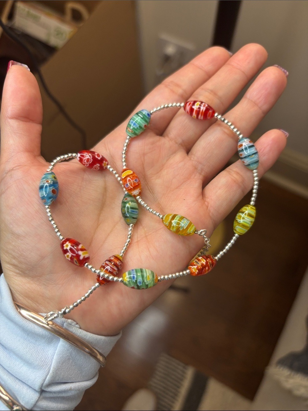 Venetian Style Glass Bead Necklace Multicolor Millefiori Sterling Silver - Picture 3 of 7